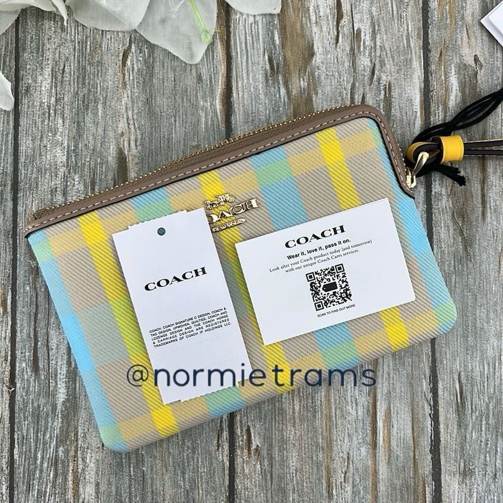 Coach Corner Zip Wristlet With Plaid Print Wallet Bag Purse - Picture 7 of 7